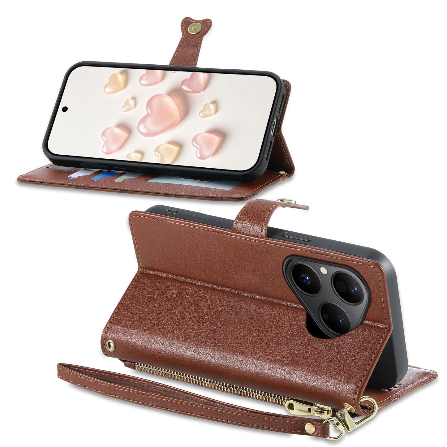 For Huawei Pura 80 5G Zipper Wallet Heart Buckle Vegan Leather Phone Case with Wrist Strap(Brown)