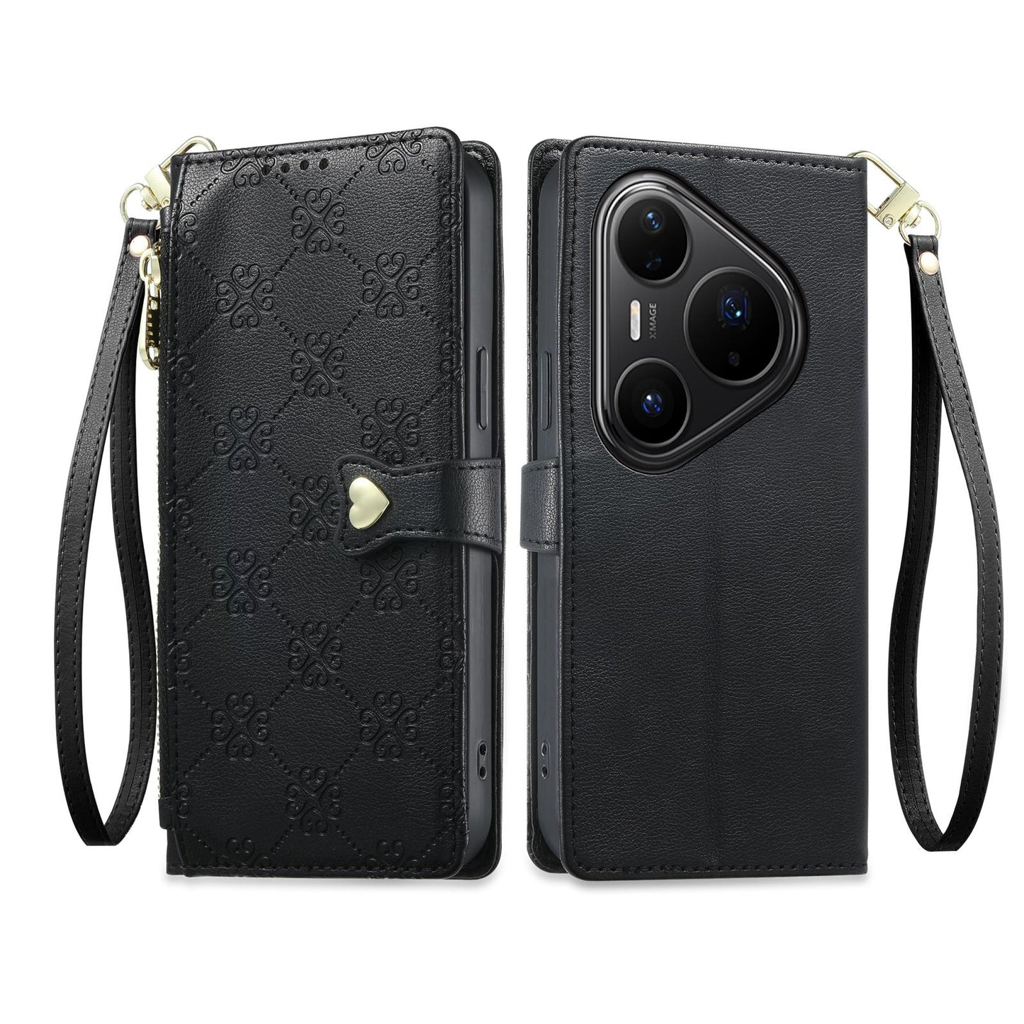 For Huawei Pura 80 Pro 5G Zipper Wallet Heart Buckle Vegan Leather Phone Case with Wrist Strap(Black)