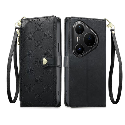 For Huawei Pura 80 Pro 5G Zipper Wallet Heart Buckle Vegan Leather Phone Case with Wrist Strap(Black)