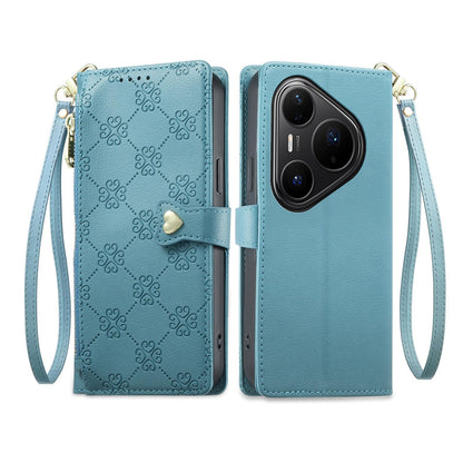 For Huawei Pura 80 Pro 5G Zipper Wallet Heart Buckle Vegan Leather Phone Case with Wrist Strap(Lake Blue)