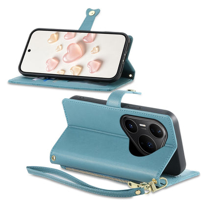 For Huawei Pura 80 Pro 5G Zipper Wallet Heart Buckle Vegan Leather Phone Case with Wrist Strap(Lake Blue)