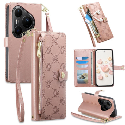 For Huawei Pura 80 Pro 5G Zipper Wallet Heart Buckle Vegan Leather Phone Case with Wrist Strap(Pink)
