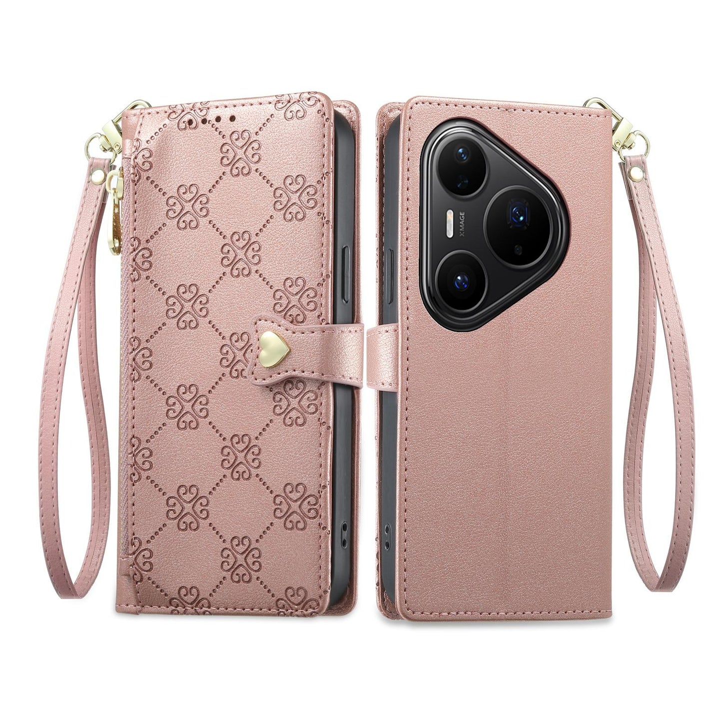 For Huawei Pura 80 Pro 5G Zipper Wallet Heart Buckle Vegan Leather Phone Case with Wrist Strap(Pink)