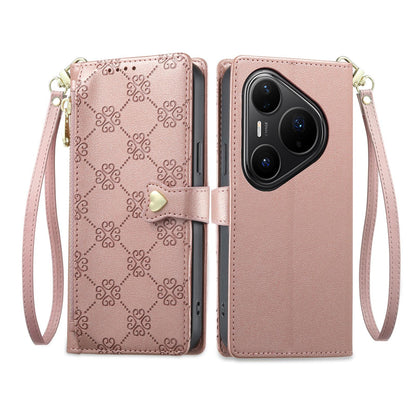 For Huawei Pura 80 Pro 5G Zipper Wallet Heart Buckle Vegan Leather Phone Case with Wrist Strap(Pink)