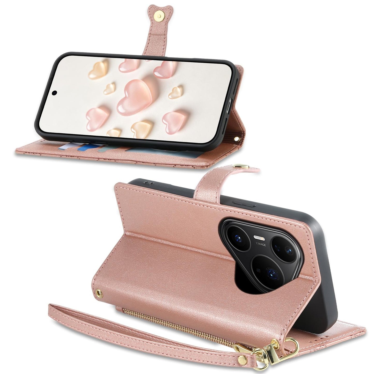 For Huawei Pura 80 Pro 5G Zipper Wallet Heart Buckle Vegan Leather Phone Case with Wrist Strap(Pink)