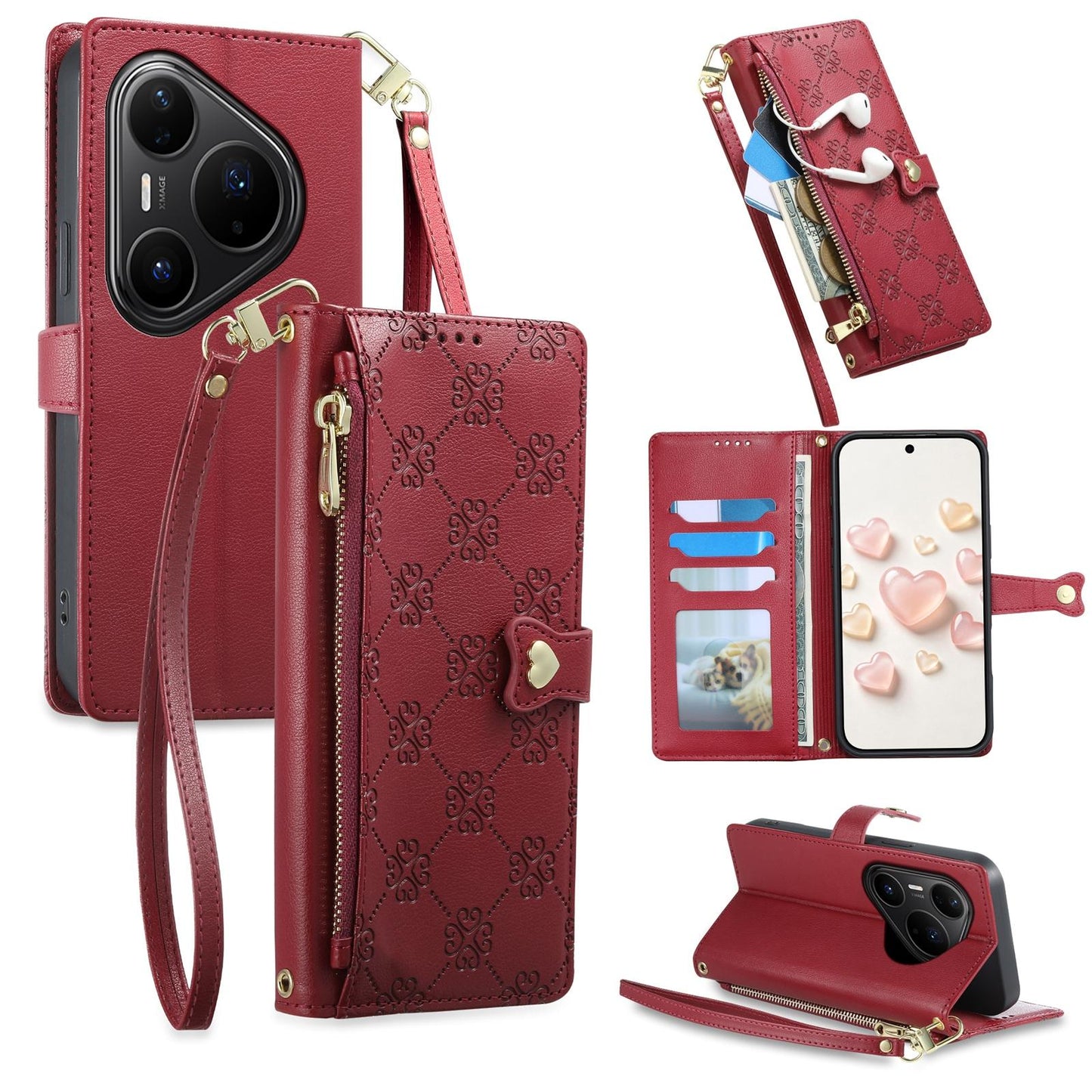 For Huawei Pura 80 Pro 5G Zipper Wallet Heart Buckle Vegan Leather Phone Case with Wrist Strap(Red)