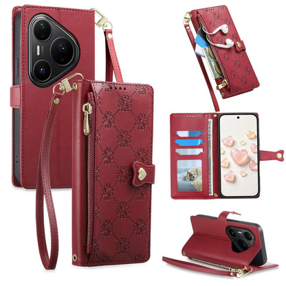 For Huawei Pura 80 Pro 5G Zipper Wallet Heart Buckle Vegan Leather Phone Case with Wrist Strap(Red)