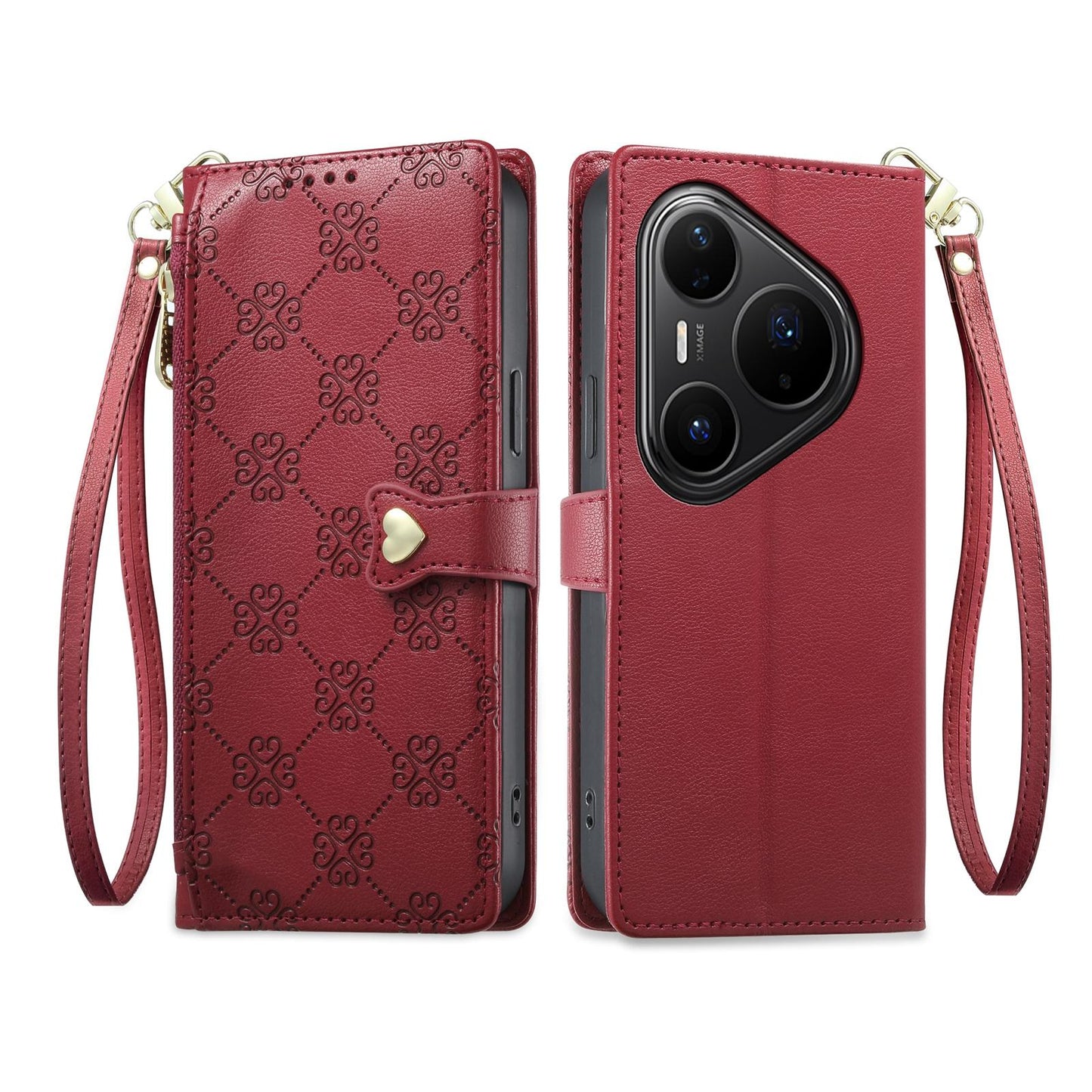 For Huawei Pura 80 Pro 5G Zipper Wallet Heart Buckle Vegan Leather Phone Case with Wrist Strap(Red)