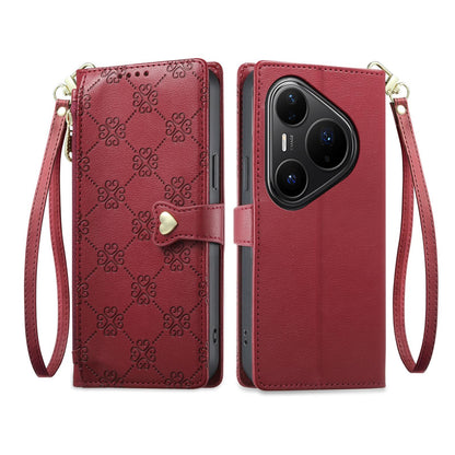 For Huawei Pura 80 Pro 5G Zipper Wallet Heart Buckle Vegan Leather Phone Case with Wrist Strap(Red)