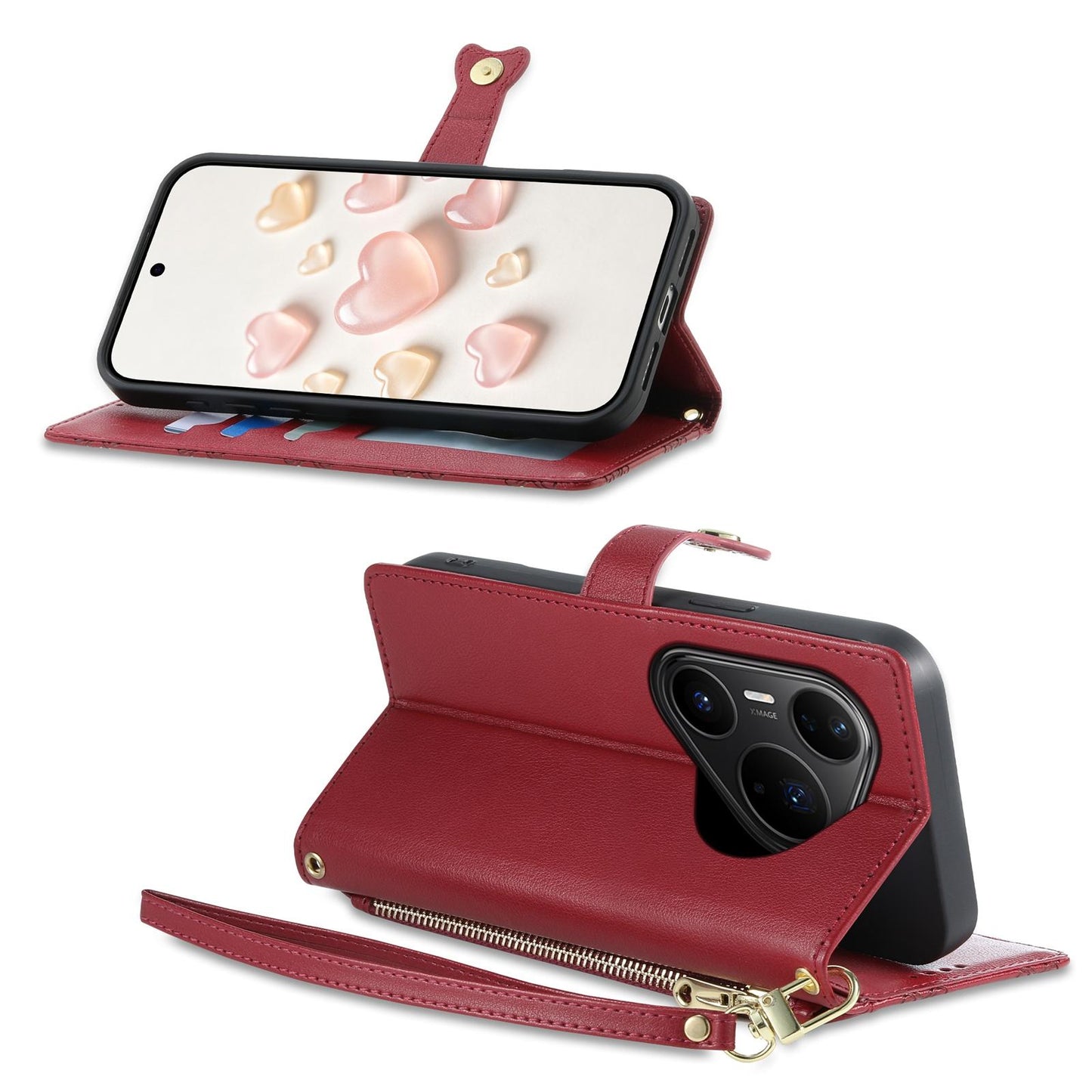 For Huawei Pura 80 Pro 5G Zipper Wallet Heart Buckle Vegan Leather Phone Case with Wrist Strap(Red)