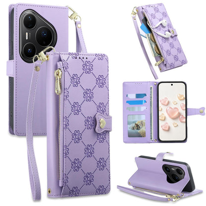 For Huawei Pura 80 Pro 5G Zipper Wallet Heart Buckle Vegan Leather Phone Case with Wrist Strap(Purple)