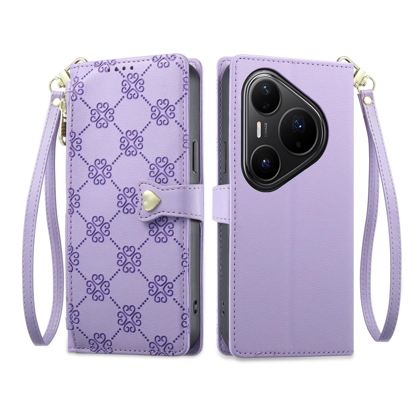 For Huawei Pura 80 Pro 5G Zipper Wallet Heart Buckle Vegan Leather Phone Case with Wrist Strap(Purple)