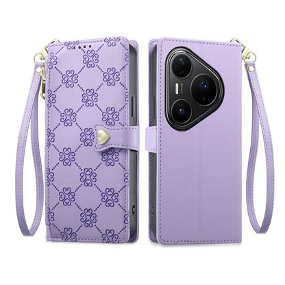 For Huawei Pura 80 Pro 5G Zipper Wallet Heart Buckle Vegan Leather Phone Case with Wrist Strap(Purple)