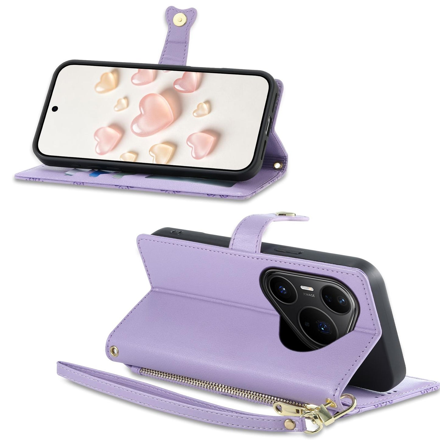 For Huawei Pura 80 Pro 5G Zipper Wallet Heart Buckle Vegan Leather Phone Case with Wrist Strap(Purple)