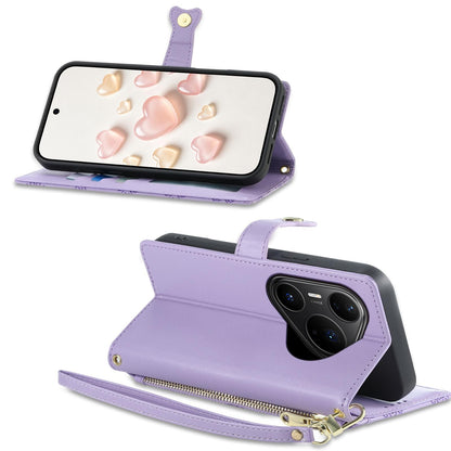 For Huawei Pura 80 Pro 5G Zipper Wallet Heart Buckle Vegan Leather Phone Case with Wrist Strap(Purple)