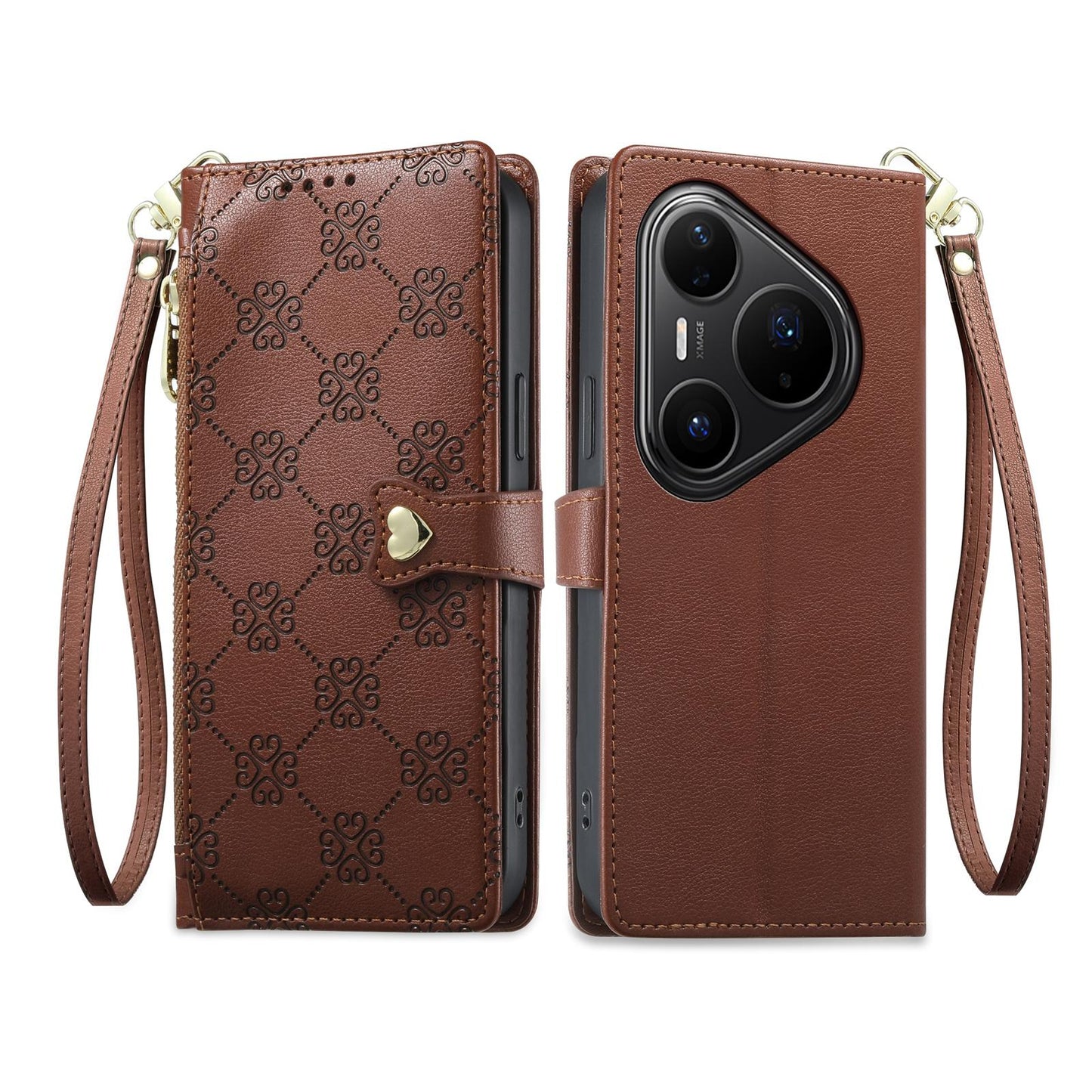 For Huawei Pura 80 Pro 5G Zipper Wallet Heart Buckle Vegan Leather Phone Case with Wrist Strap(Brown)