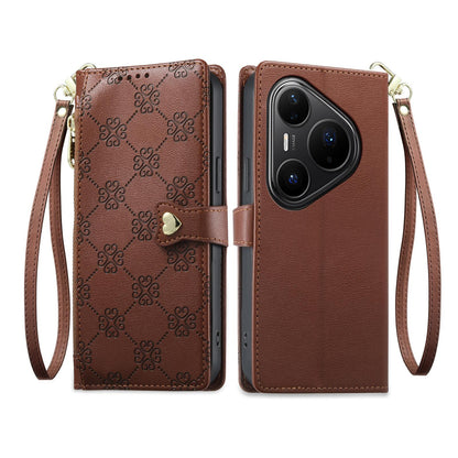 For Huawei Pura 80 Pro 5G Zipper Wallet Heart Buckle Vegan Leather Phone Case with Wrist Strap(Brown)