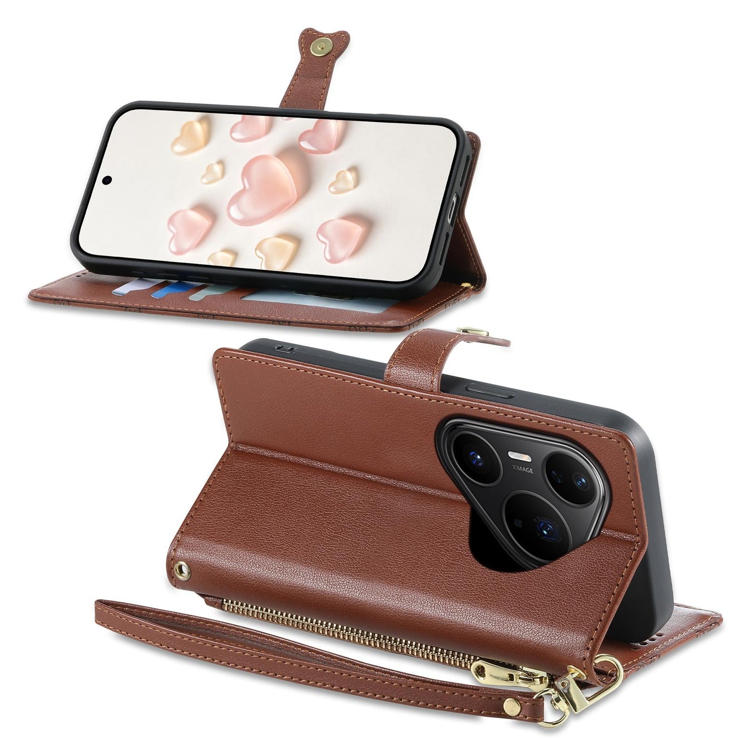 For Huawei Pura 80 Pro 5G Zipper Wallet Heart Buckle Vegan Leather Phone Case with Wrist Strap(Brown)