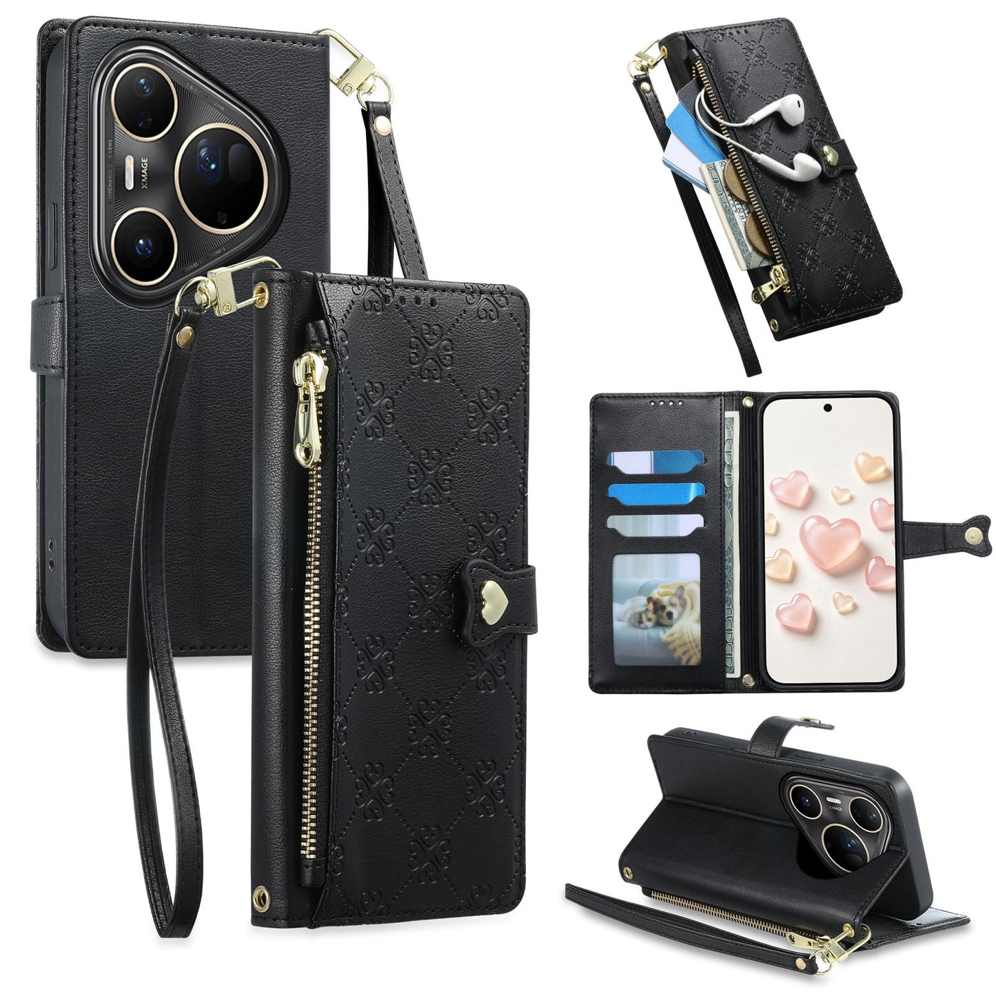 For Huawei Pura 80 Ultra 5G Zipper Wallet Heart Buckle Vegan Leather Phone Case with Wrist Strap(Black)