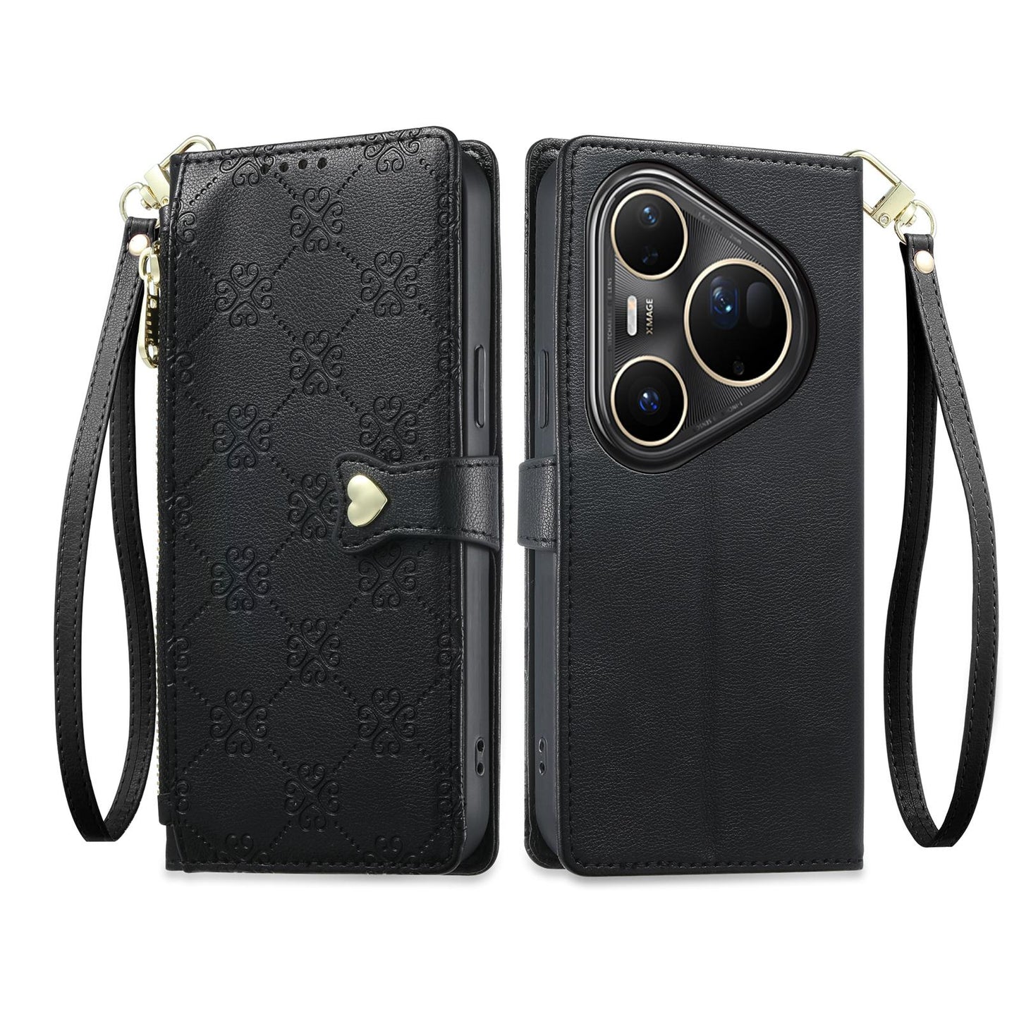 For Huawei Pura 80 Ultra 5G Zipper Wallet Heart Buckle Vegan Leather Phone Case with Wrist Strap(Black)