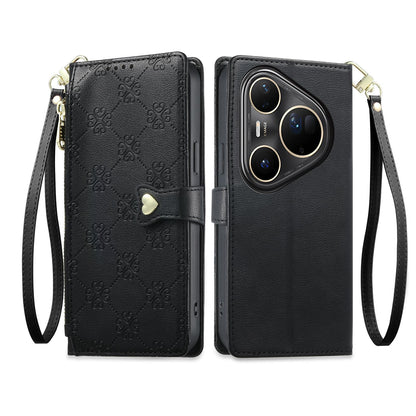 For Huawei Pura 80 Ultra 5G Zipper Wallet Heart Buckle Vegan Leather Phone Case with Wrist Strap(Black)