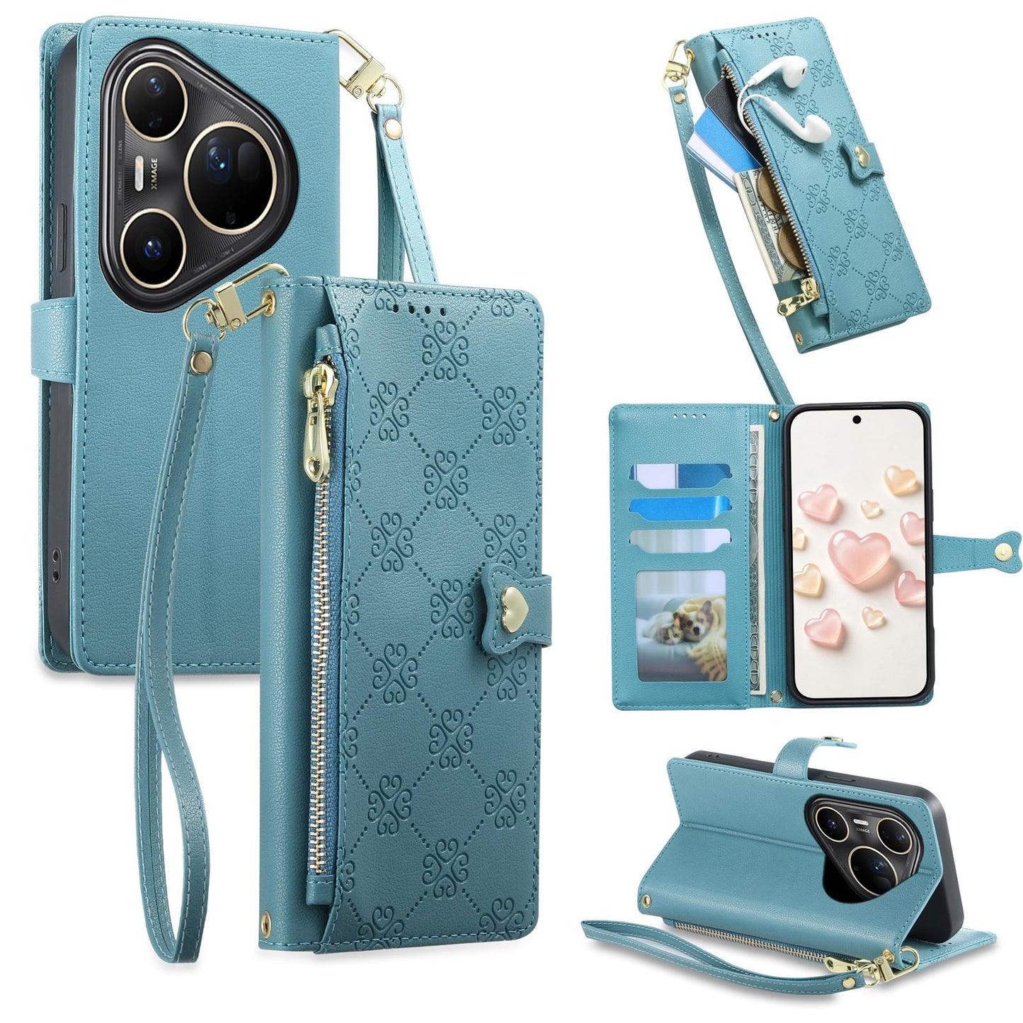 For Huawei Pura 80 Ultra 5G Zipper Wallet Heart Buckle Vegan Leather Phone Case with Wrist Strap(Lake Blue)