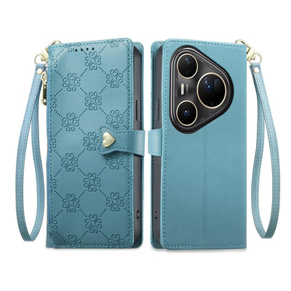 For Huawei Pura 80 Ultra 5G Zipper Wallet Heart Buckle Vegan Leather Phone Case with Wrist Strap(Lake Blue)