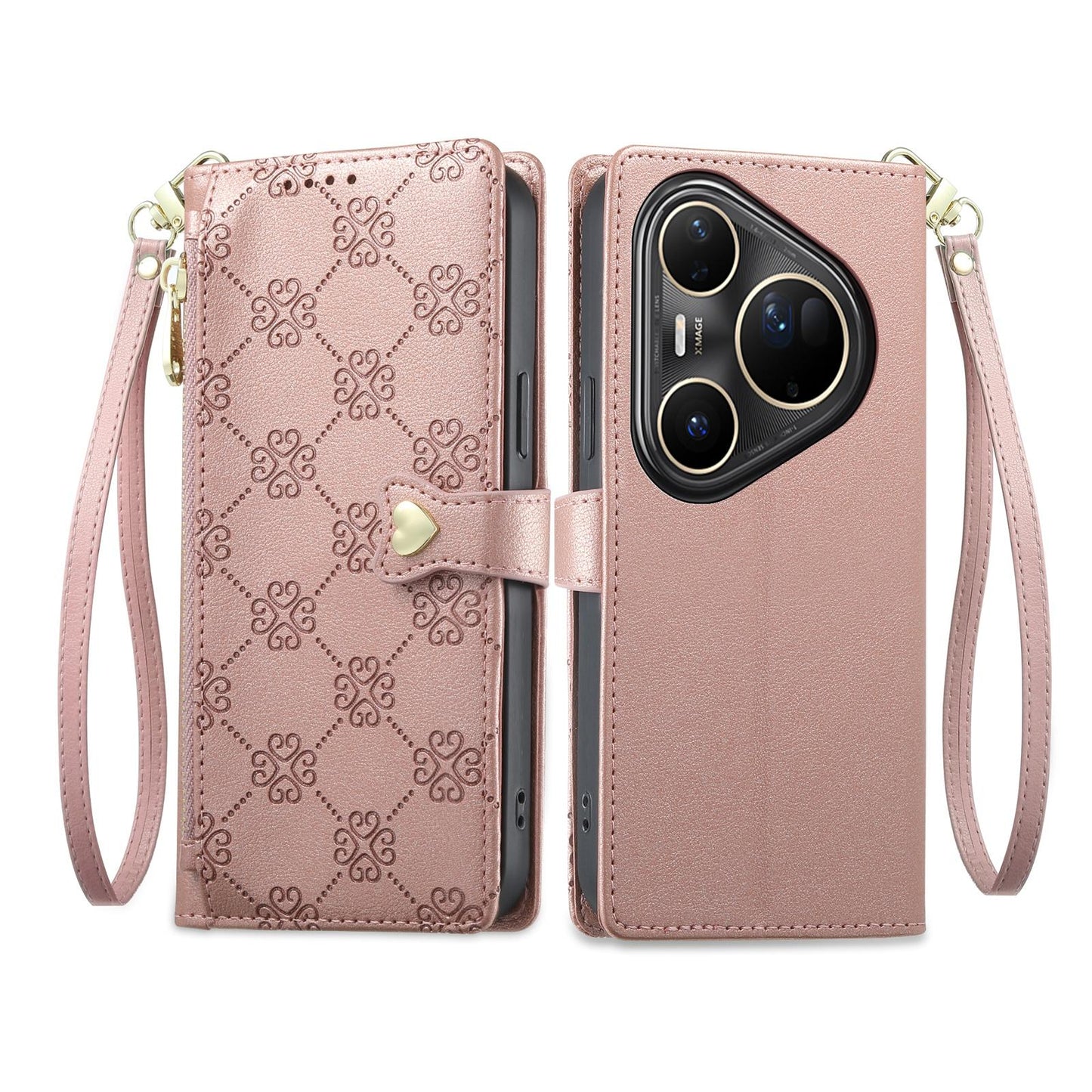 For Huawei Pura 80 Ultra 5G Zipper Wallet Heart Buckle Vegan Leather Phone Case with Wrist Strap(Pink)