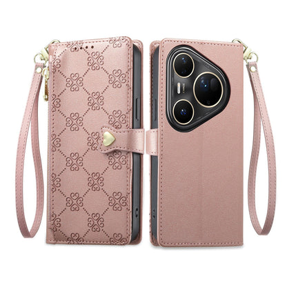 For Huawei Pura 80 Ultra 5G Zipper Wallet Heart Buckle Vegan Leather Phone Case with Wrist Strap(Pink)