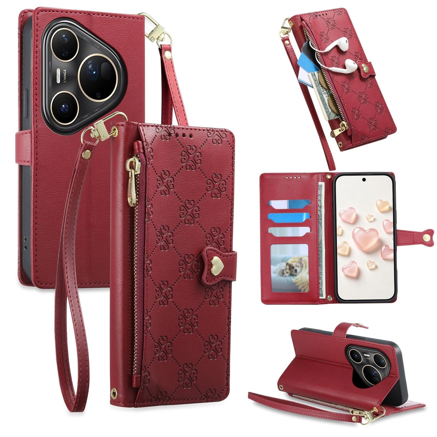 For Huawei Pura 80 Ultra 5G Zipper Wallet Heart Buckle Vegan Leather Phone Case with Wrist Strap(Red)