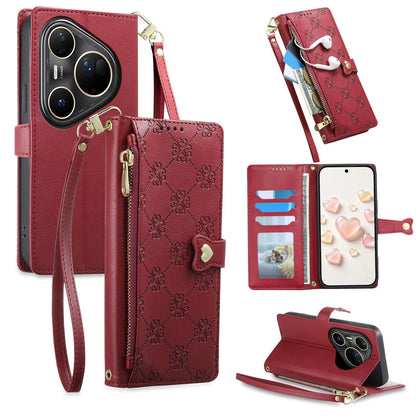 For Huawei Pura 80 Ultra 5G Zipper Wallet Heart Buckle Vegan Leather Phone Case with Wrist Strap(Red)