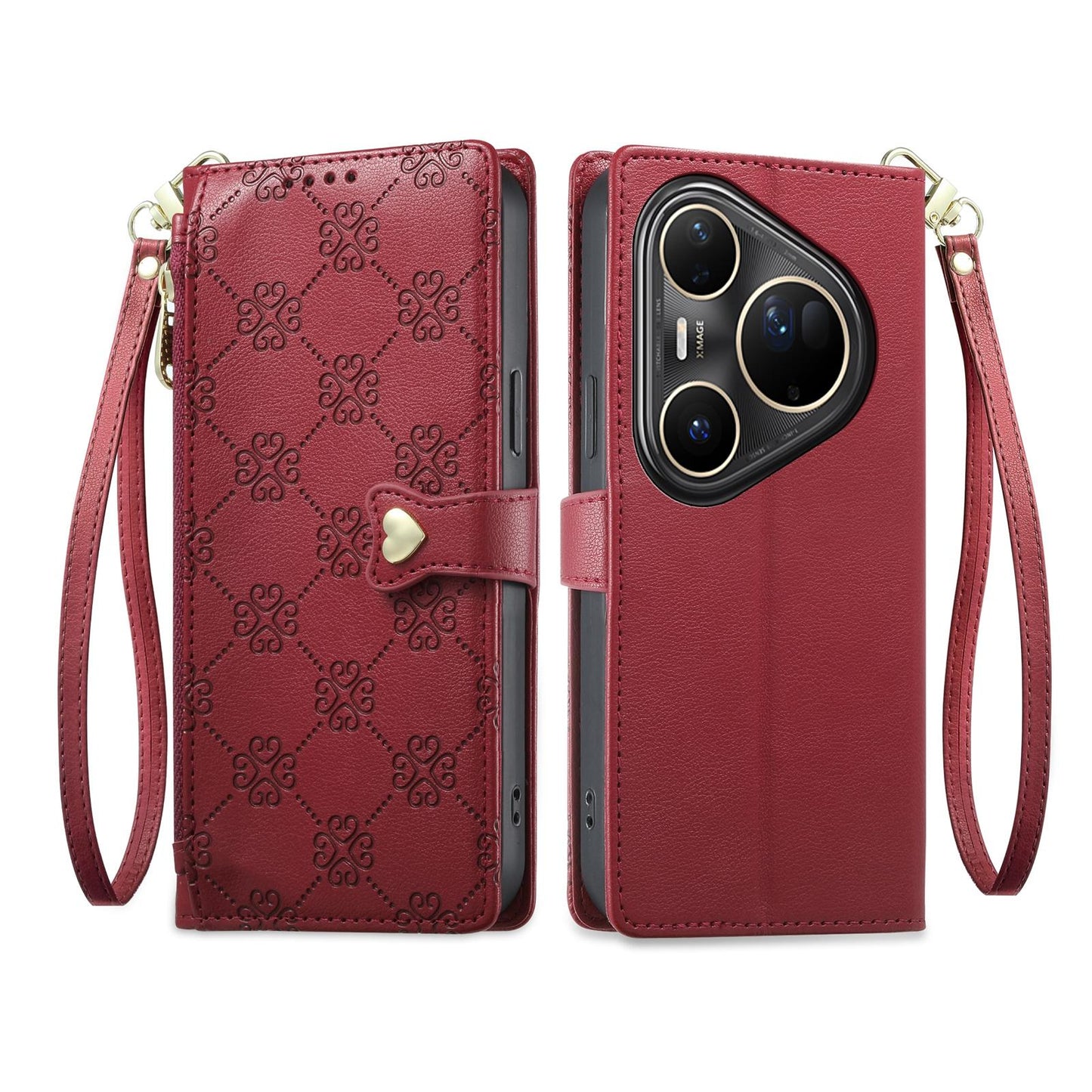 For Huawei Pura 80 Ultra 5G Zipper Wallet Heart Buckle Vegan Leather Phone Case with Wrist Strap(Red)