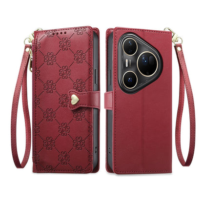 For Huawei Pura 80 Ultra 5G Zipper Wallet Heart Buckle Vegan Leather Phone Case with Wrist Strap(Red)