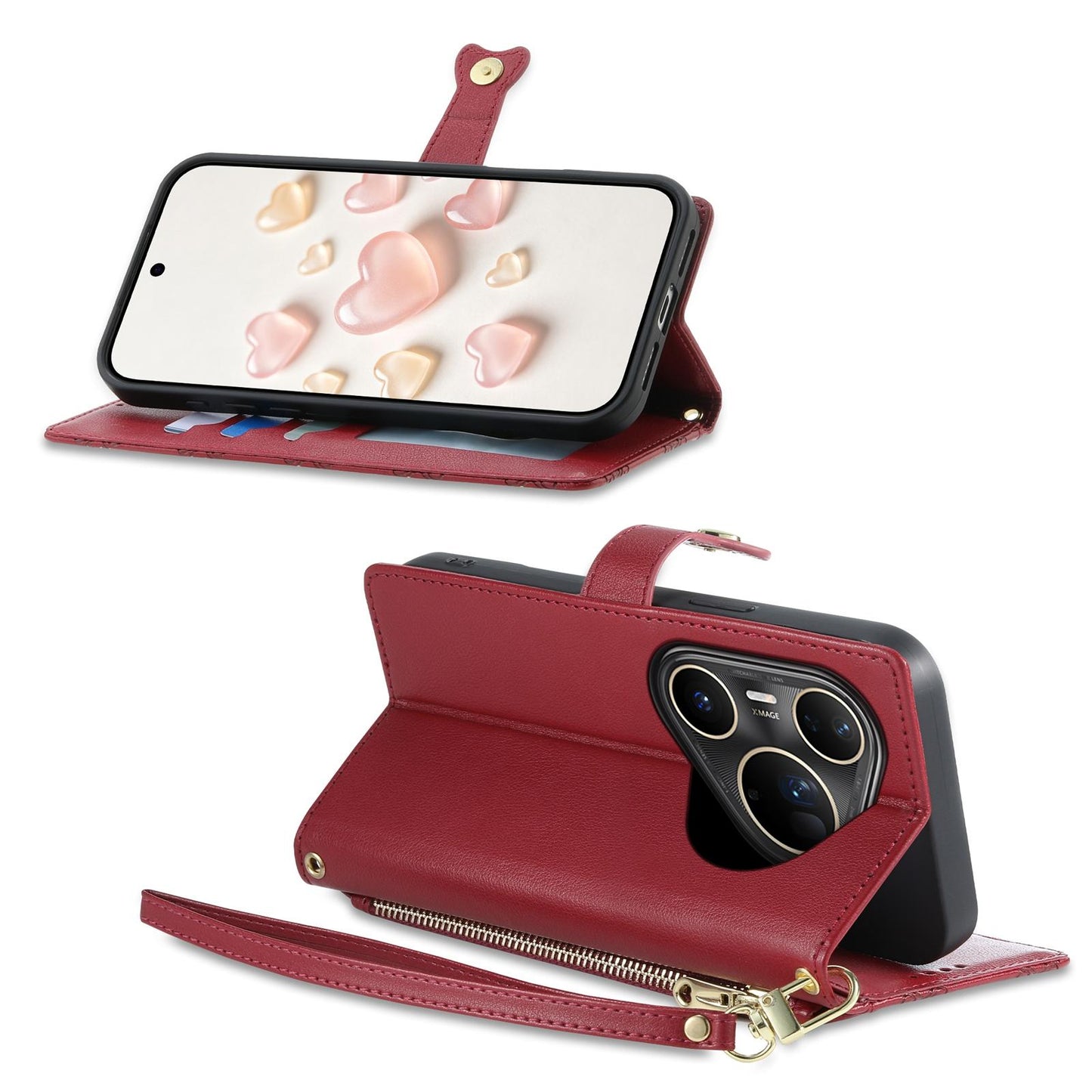 For Huawei Pura 80 Ultra 5G Zipper Wallet Heart Buckle Vegan Leather Phone Case with Wrist Strap(Red)