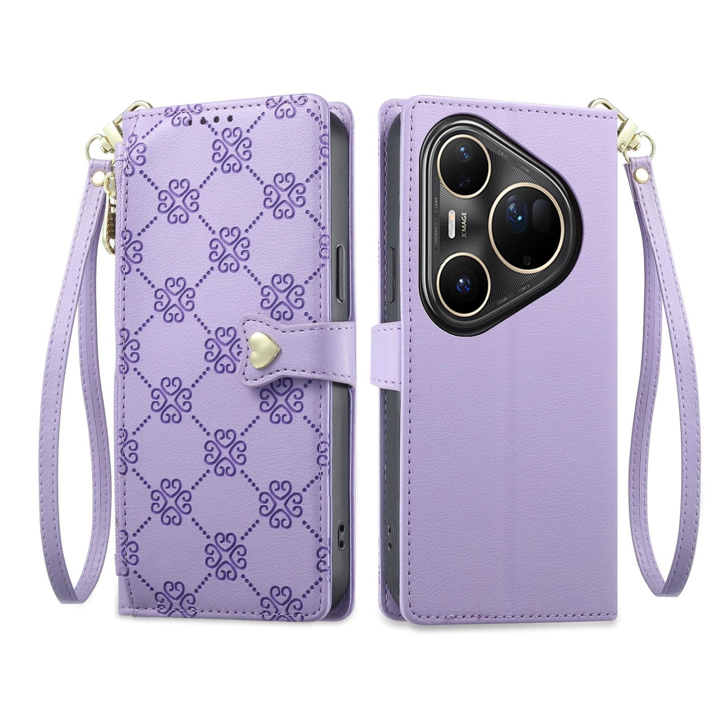 For Huawei Pura 80 Ultra 5G Zipper Wallet Heart Buckle Vegan Leather Phone Case with Wrist Strap(Purple)
