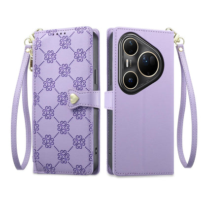 For Huawei Pura 80 Ultra 5G Zipper Wallet Heart Buckle Vegan Leather Phone Case with Wrist Strap(Purple)