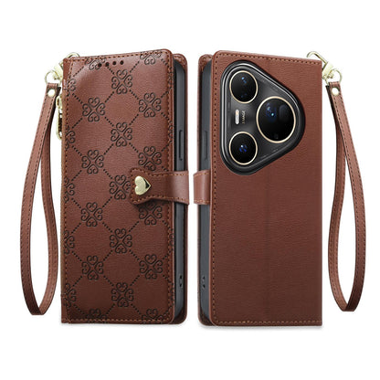 For Huawei Pura 80 Ultra 5G Zipper Wallet Heart Buckle Vegan Leather Phone Case with Wrist Strap(Brown)