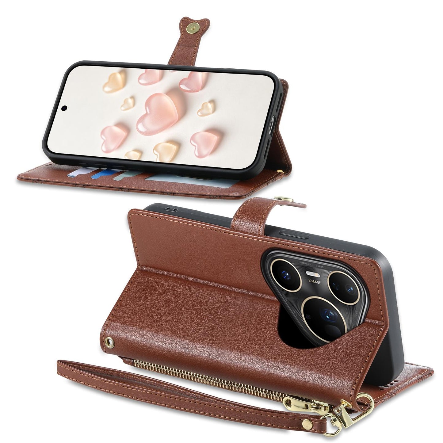 For Huawei Pura 80 Ultra 5G Zipper Wallet Heart Buckle Vegan Leather Phone Case with Wrist Strap(Brown)