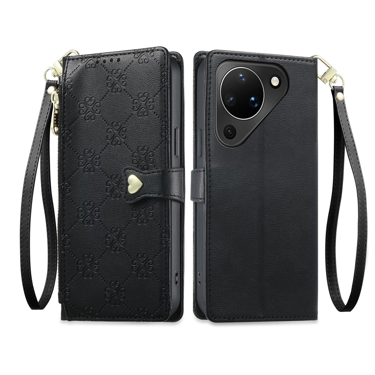 For Huawei Pura 90 5G Zipper Wallet Heart Buckle Vegan Leather Phone Case with Wrist Strap(Black)