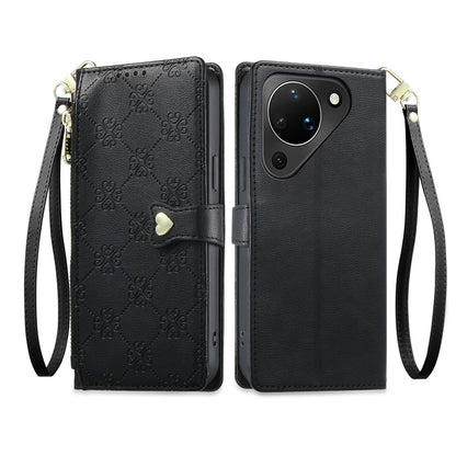 For Huawei Pura 90 5G Zipper Wallet Heart Buckle Vegan Leather Phone Case with Wrist Strap(Black)