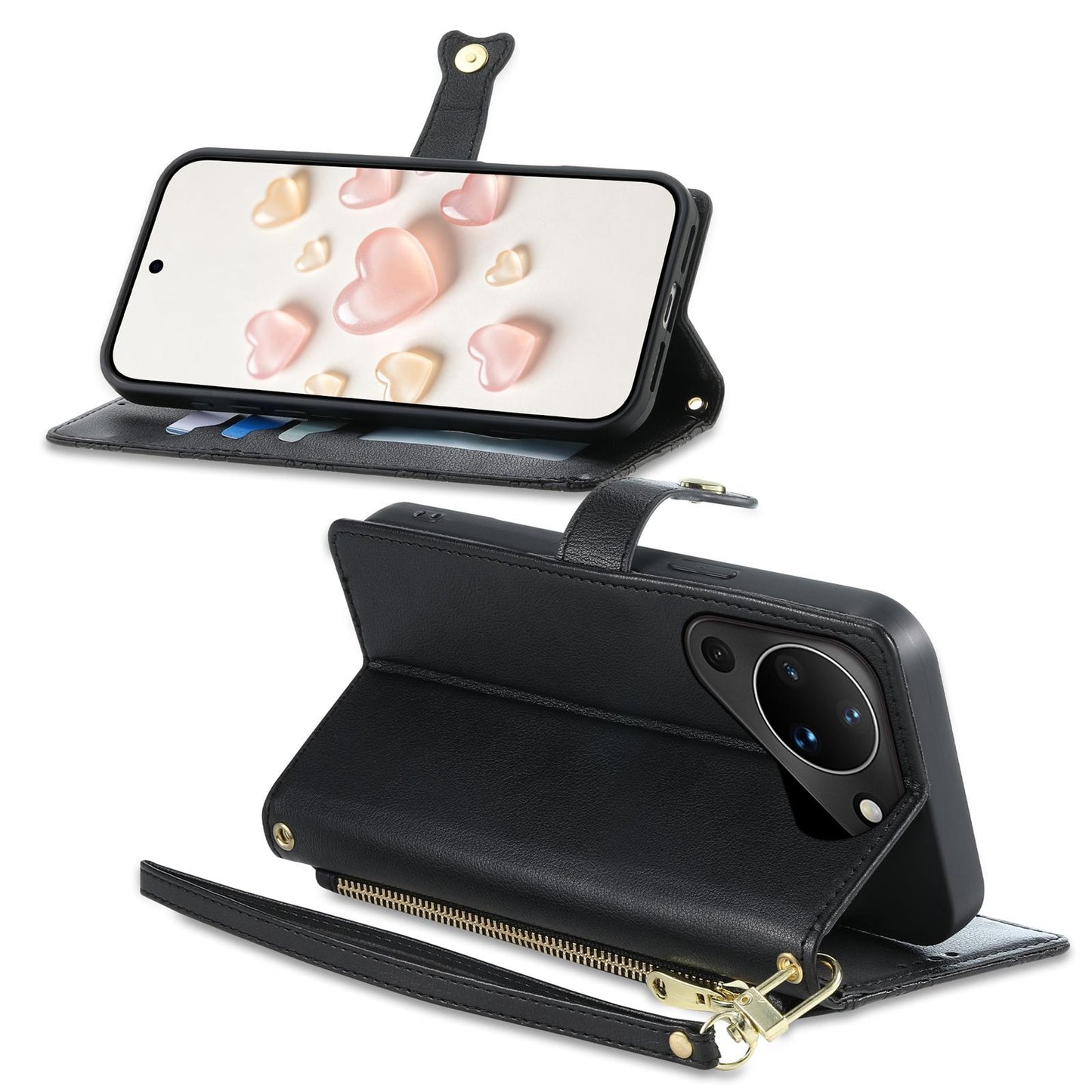 For Huawei Pura 90 5G Zipper Wallet Heart Buckle Vegan Leather Phone Case with Wrist Strap(Black)