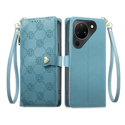 For Huawei Pura 90 5G Zipper Wallet Heart Buckle Vegan Leather Phone Case with Wrist Strap(Lake Blue)