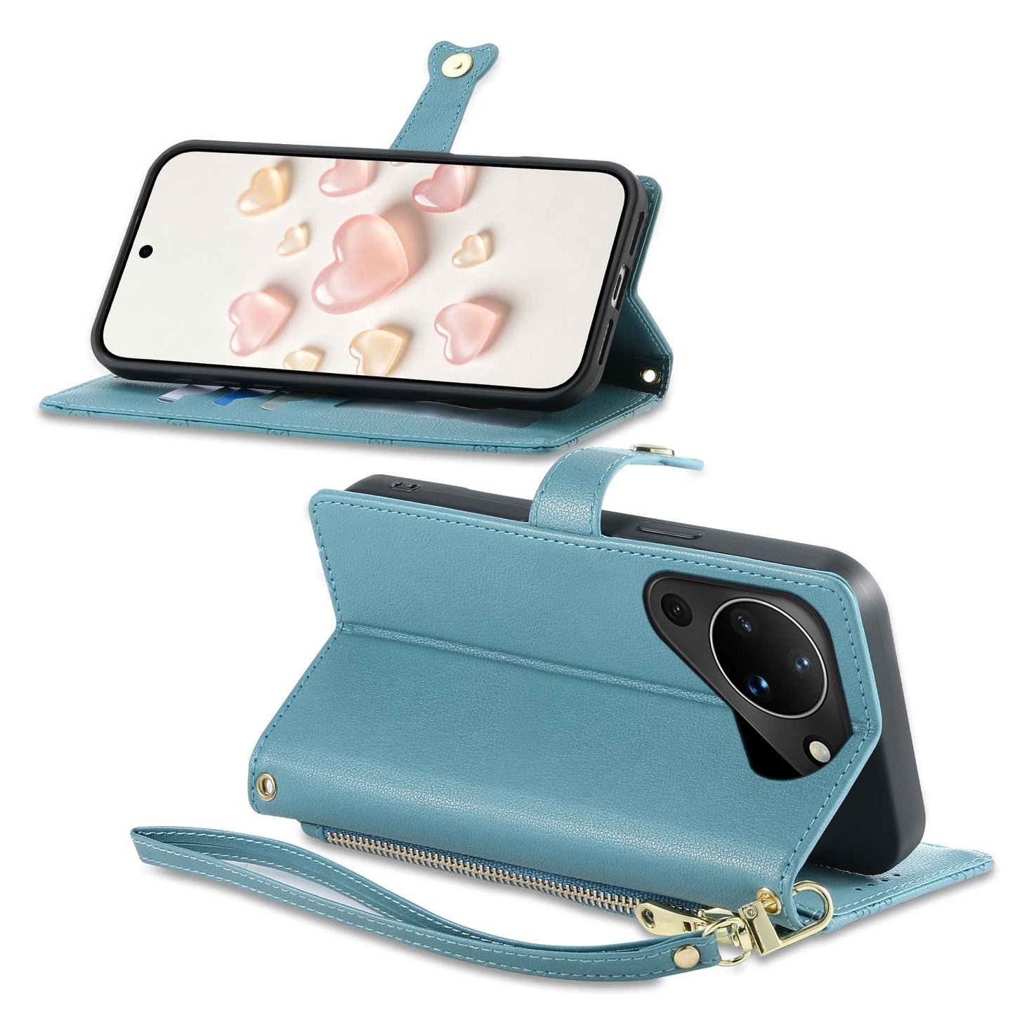 For Huawei Pura 90 5G Zipper Wallet Heart Buckle Vegan Leather Phone Case with Wrist Strap(Lake Blue)