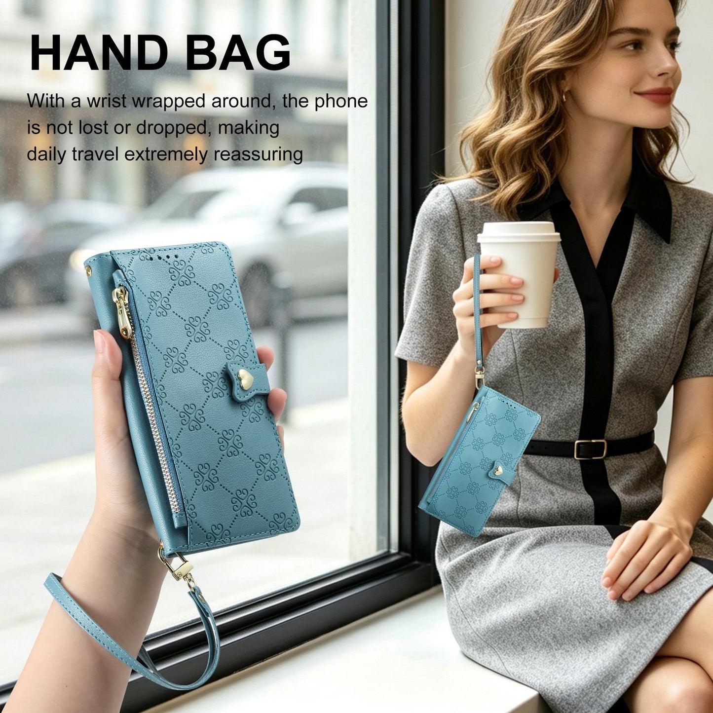 For Huawei Pura 90 5G Zipper Wallet Heart Buckle Vegan Leather Phone Case with Wrist Strap(Lake Blue)