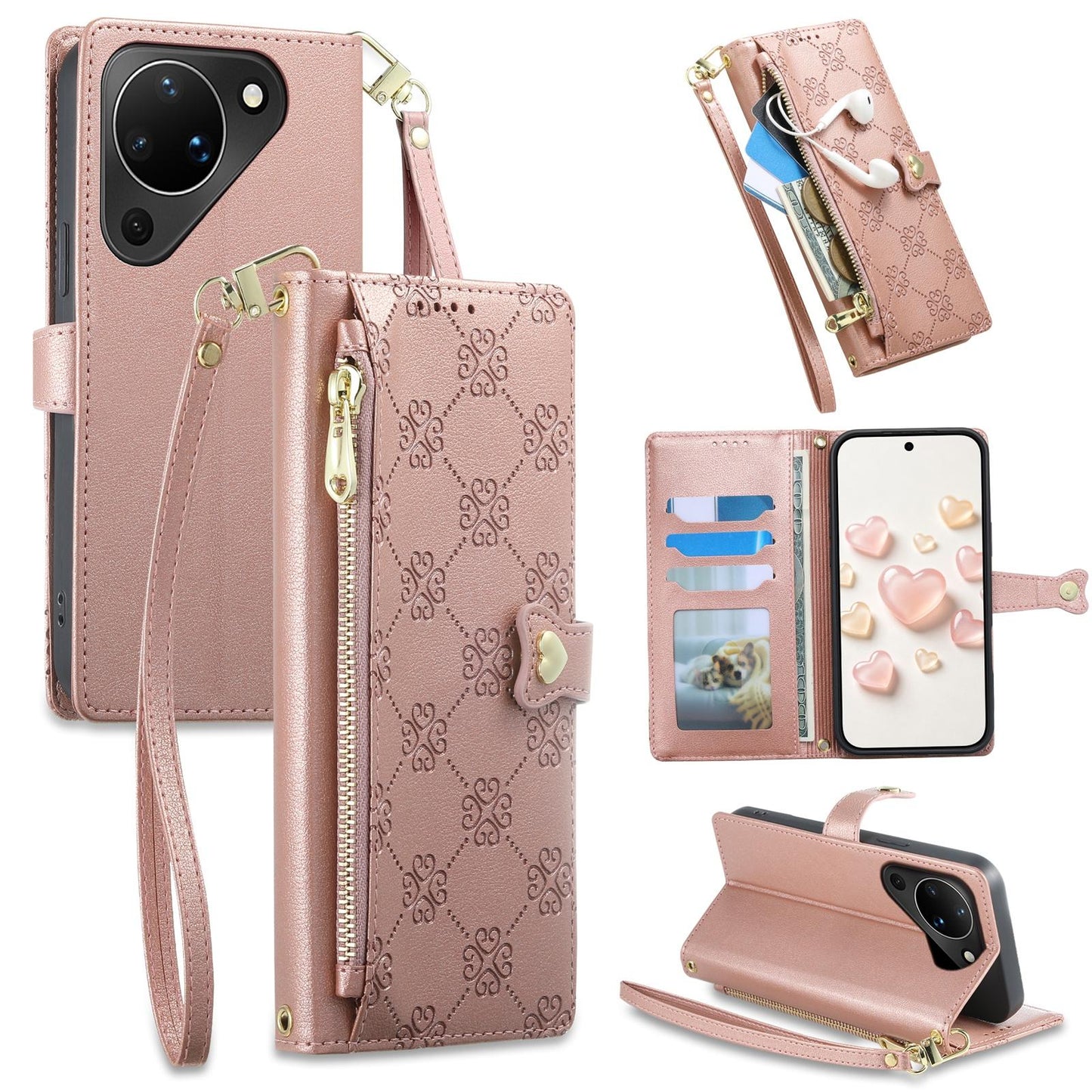 For Huawei Pura 90 5G Zipper Wallet Heart Buckle Vegan Leather Phone Case with Wrist Strap(Pink)
