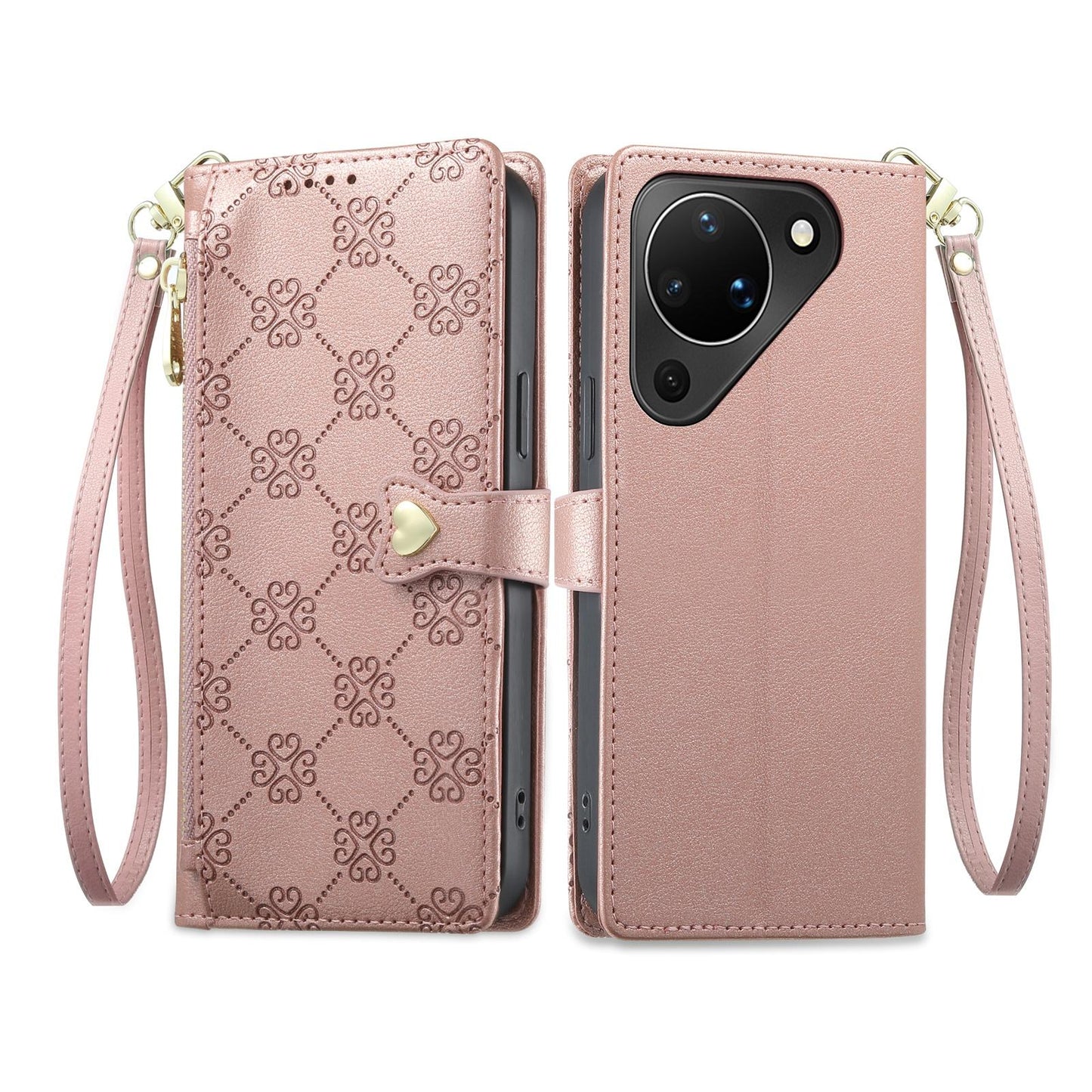 For Huawei Pura 90 5G Zipper Wallet Heart Buckle Vegan Leather Phone Case with Wrist Strap(Pink)