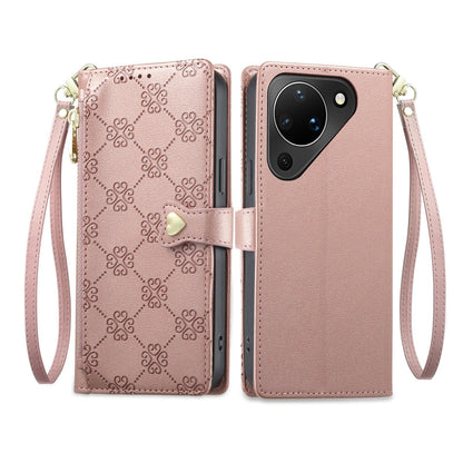 For Huawei Pura 90 5G Zipper Wallet Heart Buckle Vegan Leather Phone Case with Wrist Strap(Pink)