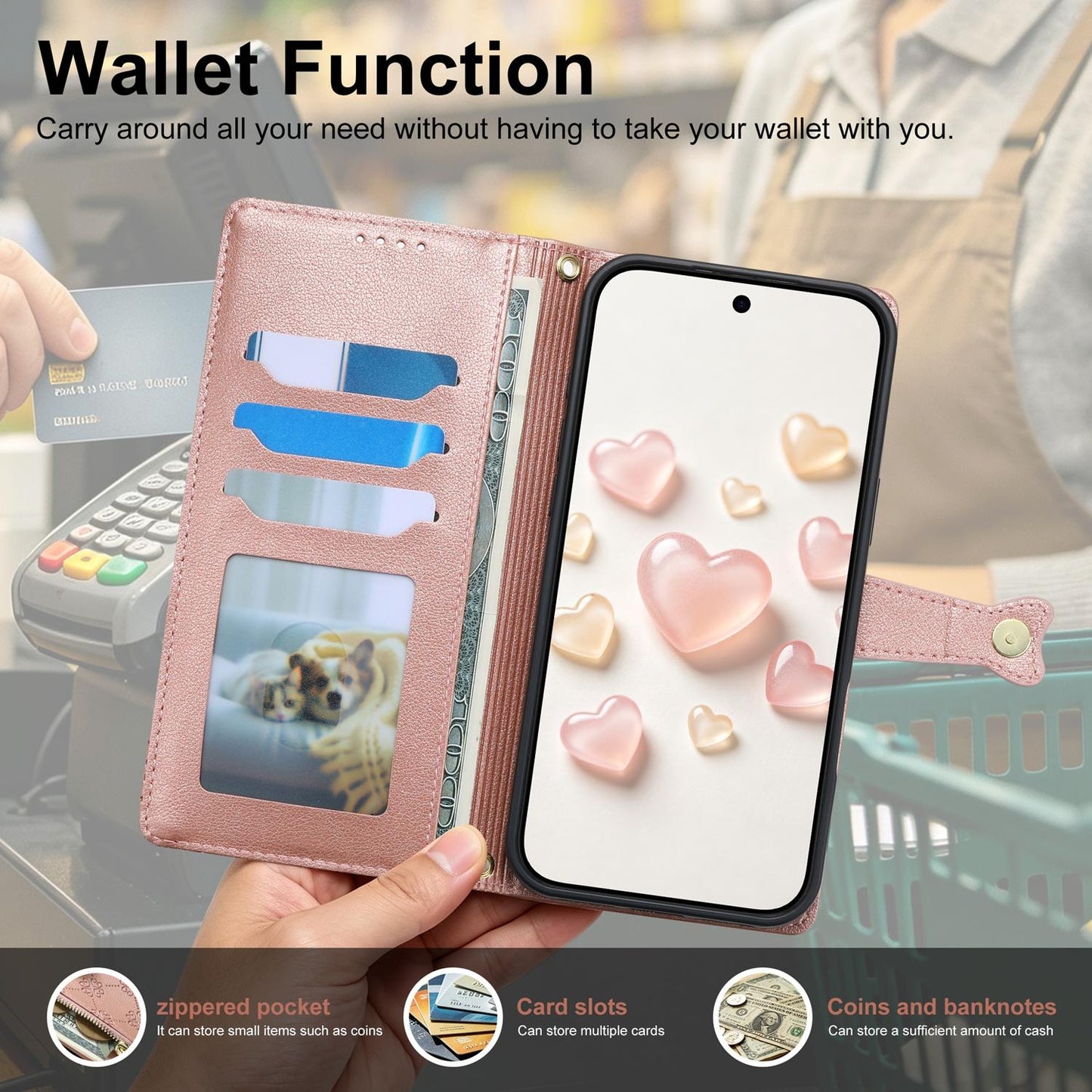 For Huawei Pura 90 5G Zipper Wallet Heart Buckle Vegan Leather Phone Case with Wrist Strap(Pink)