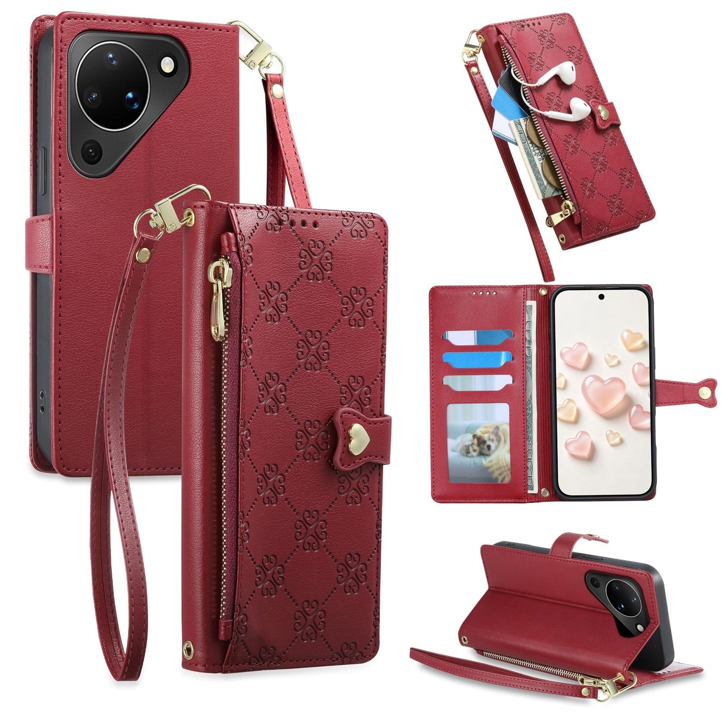 For Huawei Pura 90 5G Zipper Wallet Heart Buckle Vegan Leather Phone Case with Wrist Strap(Red)