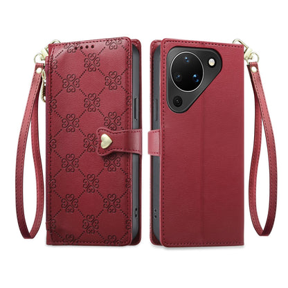 For Huawei Pura 90 5G Zipper Wallet Heart Buckle Vegan Leather Phone Case with Wrist Strap(Red)